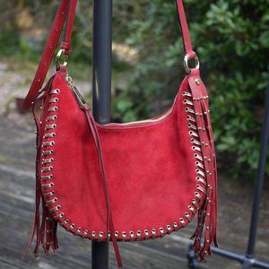 Michael Kors Studded Fringe Red Suede Rhea Crossbody Purse